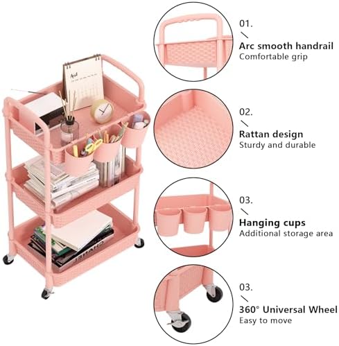 MOYIPIN 3-Tier Plastic Rolling Utility Cart with Handle,Pink - Image 6