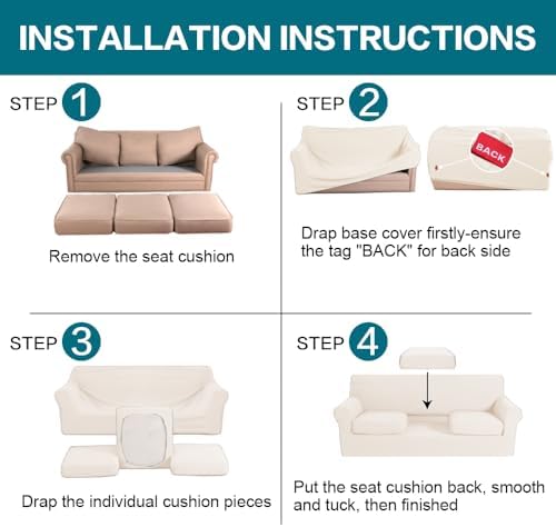 Turquoize 4 Piece Sofa Covers for 3 Cushion Couch Sofa Slipcover Soft Couch Cover for Dogs Washable Furniture Cover with 3 Individual Large Cushion Covers Feature Fabric (Large Sofa, Cream) - Image 6