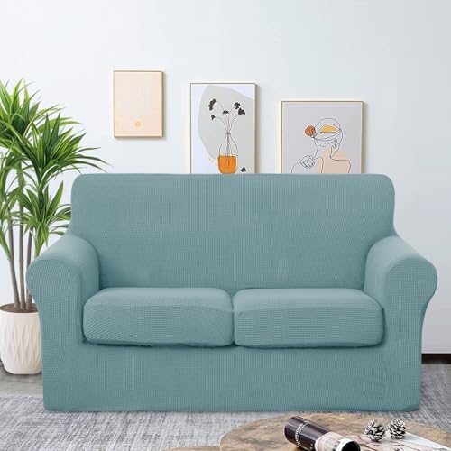 U-NICE HOME 3 Pieces Stretch Loveseat Couch Cover, Light Blue - Image 2
