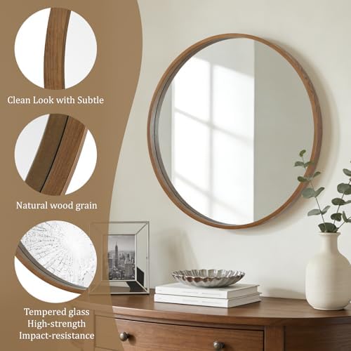 WallBeyond Circle Mirror with Wood Frame, 28" Round Modern Decoration Large Home Decor Mirror for Bathroom Living Room Bedroom Entryway (28" Diameter, Walnut) - Image 5