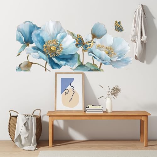 ANNA QUEEN Blue Flower Wall Decals Peel and Stick Floral Wall Stickers with Butterfly Removable Vinyl Botanical Flower Wall Decor for Living Room Bedroom Hallway Elegant Wall Art - Image 7