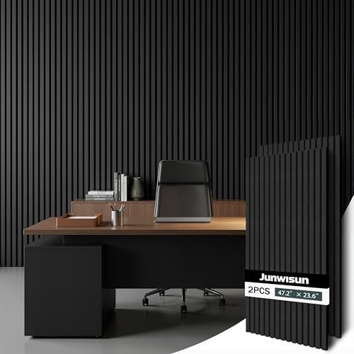 Acoustic Wall Panels, 2 Pack Wood Slat Wall Panel, Soundproof Wall Panels, 3D Textured Wall Decor for Ceiling and Wall, 47.2" x 23.6", in Black Oak Finish by Junwisun