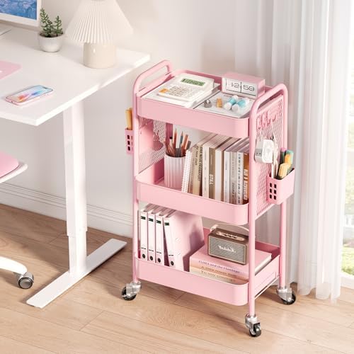 TOOLF 3 Tier Rolling Cart Storage Organizer, Metal Rolling Utility Cart with Wheels, Hooks & Bins Esthetician Craft Art Sturdy Storage with Pegboard for Bathroom, Kitchen, Office, Nursery Diaper - Image 2