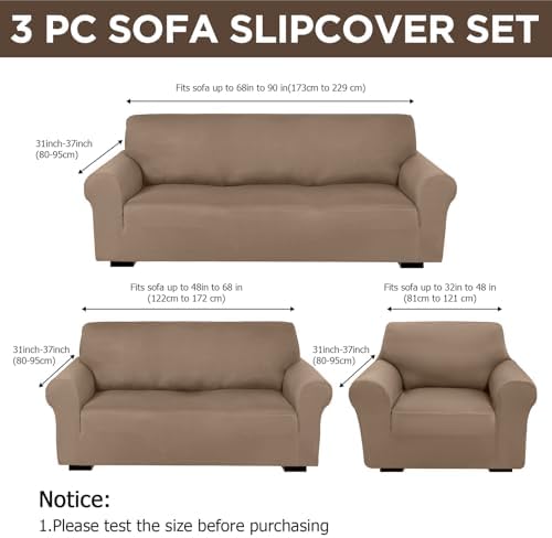 Peryiter 3 Pcs Couch and Loveseat Sofa Covers,Camel,Milk Silk - Image 2