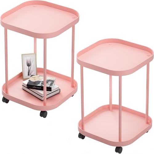 Side Table with Wheels, 2-Tier End Table Small Night Stand by villertech