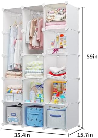 Modular Baby Wardrobe Closet, Portable Children Organizers and Storage for Nursery,15 Cubes with Hanging Rods,Multi-Functional Kids Storage Shelf-Bedroom Clothes Armoire (Boys & Girls) - Image 5