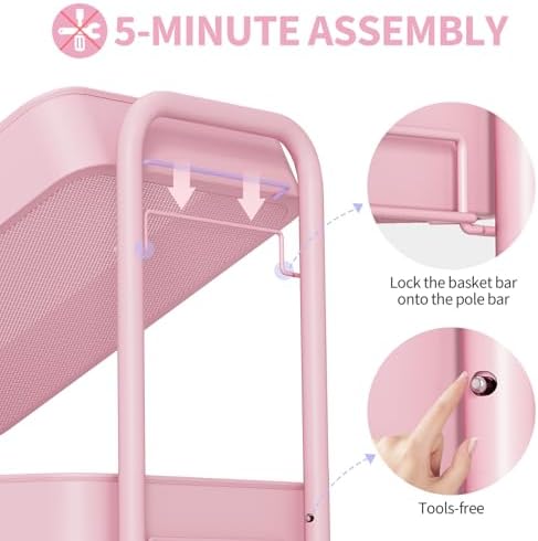 TOOLF 4 Tier Metal Rolling Cart, Utility Storage Cart with Wheels, Pink | Screwless Assembly, Lockable Metal Wheels, Trolley Organizer for Bathroom, Kitchen, Office, Dorm, Laundry, Craft Room - Image 3