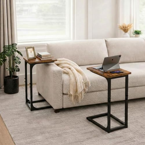 TEMI C Shaped End Table for Couch, Set of 2 Small Side Table for Sofa, TV Tray for Eating or Laptop, Accent Desk for Chair, Space Saving for Living Room Bedroom, Rustic Brown - Image 2