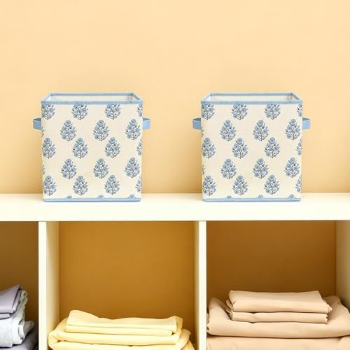 Bokon 6 Pcs 11'' Blue Block Print Storage Cubes Floral Cube Storage Bins - Image 6
