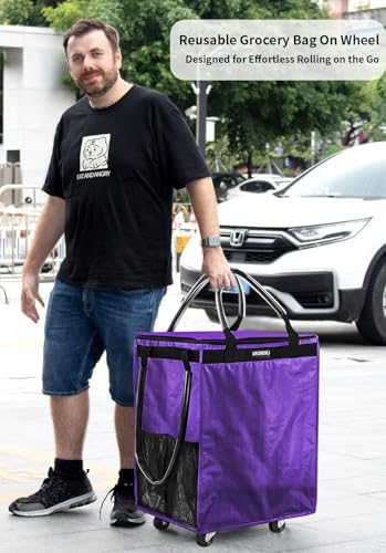 (Medium,Violet) Reusable Grocery Bag on Wheels, 70L Foldable Rolling Tote, Extra Storage for Shopping, Zipper Clouser Shopping Carts for Groceries, Laundry, Camping, Moving, 4 Heavy Duty Wheels - Image 2