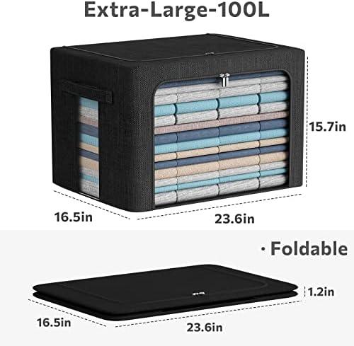 CYhom Extra Large Clothes Storage Bins Box - Linen Fabric Foldable Stackable Container Organizer Set with Clear Window & Carry Handles & Metal Frame (Black, Extra Large-100L) - Image 4