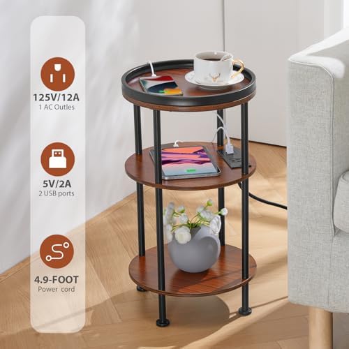 Small Round Side Table with Charging Station for Small Spaces, 3-Tier Accent Table with USB Ports & Power Outlets, Sofa Corner Tea Table for Living Room Nightstand Bedroom Apartment (USB, Cherry) - Image 4