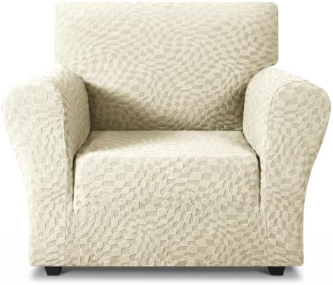 ZNSAYOTX 1 Piece Stretch Chair Cover with Arms (34"-44"), New Plaid Armchair Cover with Elastic Band for Living Room, Ultimate Soft Cozy Washable Chair Slipcover Form Fit Protector, Beige by ZNSAYOTX