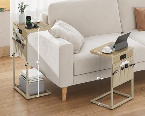 Vagusicc C-Shaped End Table with Charging Station, Small Side Table for Couch, 33" Tall C Table Adjustable Height Side Table, Couch Tables that Slide Under, Sofa Table TV Tray for Living Room, Natural - Image 2