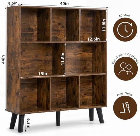 YAHARBO 8 Cube Brown Bookshelf,3 Tier Book Shelf with Legs,Modern Minimalist Bookcase,Open Book Shelves Storage Organizer,Frees Standing Wooden Display Bookcases for Small Space,Bedroom,Living Room - Image 2