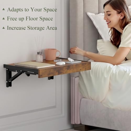 TEAMIX Wall Mounted Bedside Shelf, Wood Floating Nightstand, Folding Bedside Table for Small Space Bedroom, Living Room Organizer Storage Phone,Glasses, Books (Brown, Basic) - Image 4