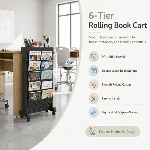 6-Tier Rolling Bookshelf Magazine Rack with Wheels Black - Image 4