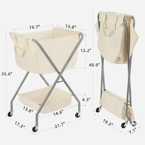 STORAGE MANIAC Collapsible Laundry Cart with Wheels 35.6"H Removable Canvas Bag Rolling Laundry Hamper Clothes Basket with Wheels, Sturdy Steel Frame Folding for Small Narrow Space Easy Storage, Beige - Image 2