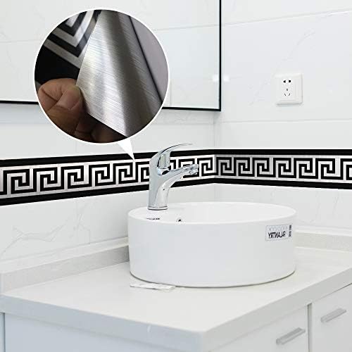 funlife Greece Pattern Peel and Stick Wall Border Stickers, Self Adhesive Skirting Wall Waist Line Decal for Bathroom Wall Vanity Mirror, 78.74"X3.93" Brushed Silver 2 Rolls - Image 2