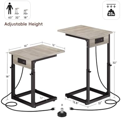 Vagusicc C Shaped End Table with Charging Station, Adjustable Height Side Table for Couch, C Table End Table Couch Table that Slide Under, Sofa Table TV Tray Arm Tables for Living Room, Bedroom, Gray - Image 3
