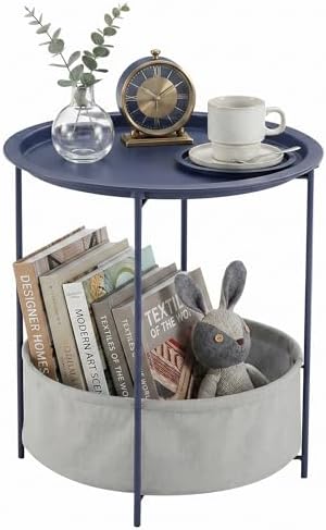 VECELO Round Side/End Table with Fabric Storage Basket，Metal Anti-Rust and Waterproof Small Bedside Nightstand with Removable Tray Top for Living Room，Balcony & Laundry，Blue /1pcs with Basket by VECELO