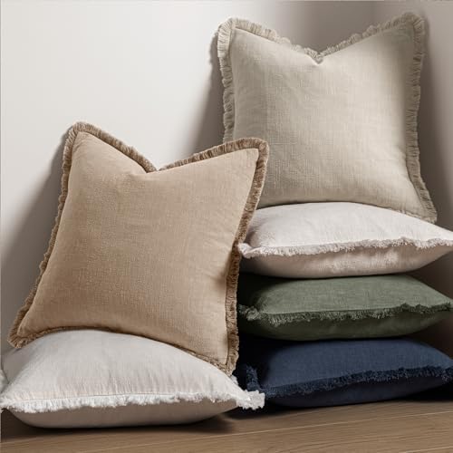 MIULEE Boho Linen Fringe Decorative Throw Pillow Covers Camel 20x20 - Image 5