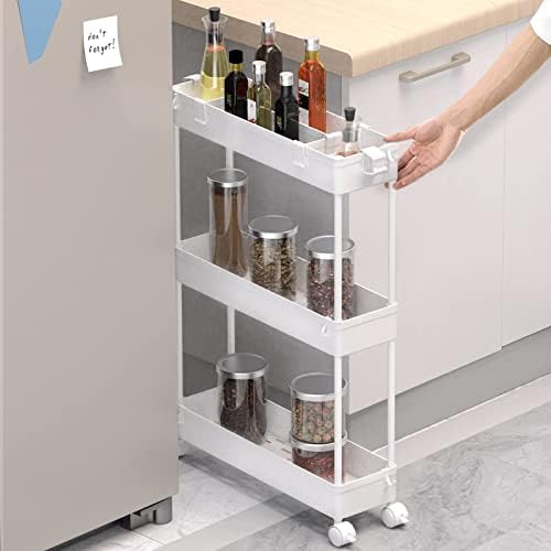 SPACELEAD Slim Storage Cart 3 Tier,Bathroom Organizer Rolling Utility, Mobile Shelving Unit Slide Out for Office, Kitchen, Laundry Room & Narrow Places,White - Image 2