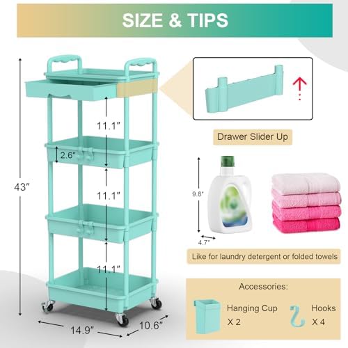 Goovilla 4 Tier Rolling Utility Cart Organizer with Removable Drawer, Blue - Image 4
