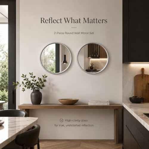 12 Inch Round Glass Mirror Set of 2, Sliver Metal Framed Decorative Mirror for Wall, Non-Distortion Small Rounded Wall Mirror for Entryway, Bathroom, Office - Image 5