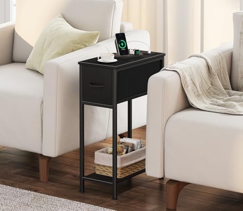 Vagusicc End Table Set of 2 with Charging Station, Small Side Table with Fabric Drawer and Bottom Storage Shelf, Narrow Nightstand Beside Table for Small Spaces, Living Room, Bedroom, Black - Image 2