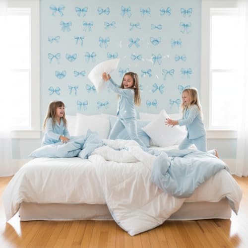 60Pcs Watercolor Bowtie Wall Stickers - Coquette Aesthetic Vinyl Decals for Room Decor in Light Pink, Sky Blue, Mint Green, Lavender Peel and Stick Nursery, Bedroom, Kindergarten Wall Art (Blue) - Image 5