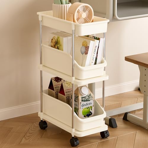 Slim Storage Cart 3 Tier Slim Rolling Utility Cart with Pull-Out Baskets & Wheels for Narrow Space in Kitchen Dining Room Bathroom Laundry Room Cream White (Width 6.3 Inches) - Image 5