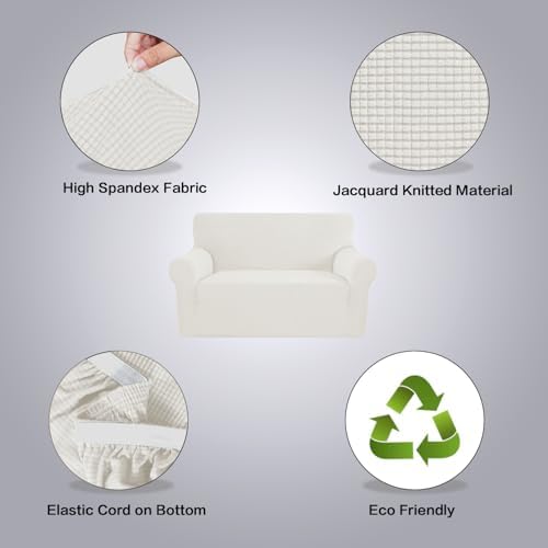 H.VERSAILTEX Stretch Couch Cover Loveseat Covers for 2 Cushion Couch Sofa Slipcover for Love Seat 1 Piece with Elastic Bottom, Checked Jacquard Fabric(Loveseat 58"-70" Wide, Porcelain White) - Image 3