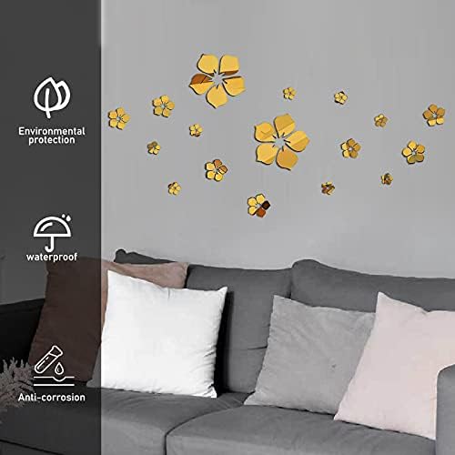 Philbinden Acrylic Mirror Floral Wall Stickers Self Adhesive Mirror Wall Decor Removable Mirror Decor 3D Flower DIY Wall Sticker for Living Room Bedroom Bathroom (Gold) - Image 4