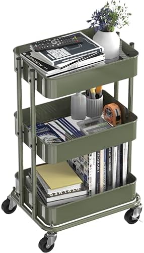 Simple Houseware 3-Tier Utility Cart, Low 24" Height Fits Under Desk, Green - Image 4