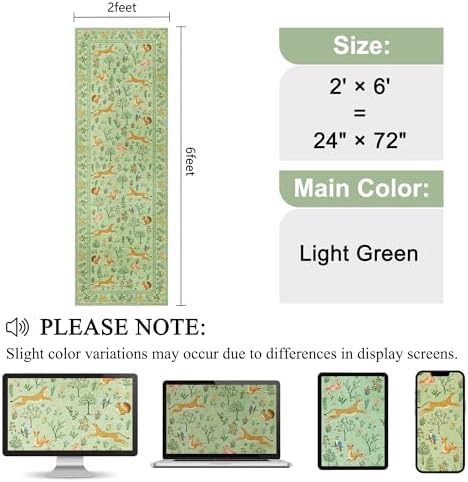 DUKINO 2x6 Runner Rug, Washable Animal Kitchen Rugs Non Slip, Light Green - Image 2
