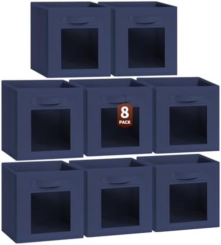 Homsorout Storage Cube 11 Inch - Cube Storage Bins with Window, Closet Storage Baskets with Handle, Fabric Bins for Closet, Shelves, Toys, Clothes, Set of 8, Navy Blue by Homsorout