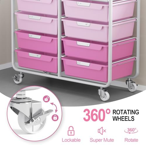 10 Drawers Rolling Cart with Wooden Tabletop, Utility Storage Cart with Wheels, Art Supply Craft Organizer on Wheel with Metal Frame & Handles for Home Office School,Pink - Image 6