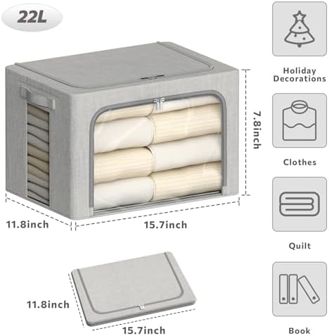 4 Pack Clothes Storage Bins with Metal Frame - 22L Stackable Storage Box with Lid，Foldable Storage Container Organizer for Clothes，Linen Fabric Storage Box with Clear Window＆Zippers＆Handles - Image 4