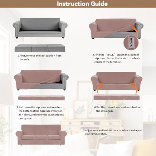 WEERRW 4 Pieces Couch Cover for Sofa Velvet Sofa Covers Washable, Pink - Image 6