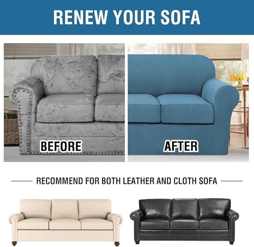 H.VERSAILTEX 4 Piece Stretch Sofa Covers for 3 Cushion Couch Covers for Living Room Furniture Slipcovers (Base Cover Plus 3 Seat Cushion Covers) Thicker Jacquard Fabric (Large Sofa, Dusty Blue) - Image 7