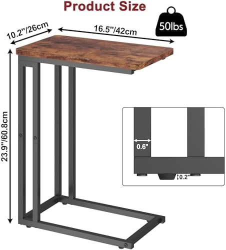 Yusong C Shaped End Table - Slide Under Sofa Couch Bed, Small Table for Small Spaces, Skinny Overbed, Coffee Drink Snack Table for Living Room, Rustic Brown - Image 3