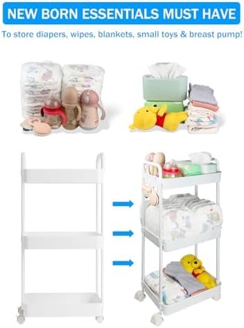 Volnamal Diaper Caddy Cart, 3-Tier Plastic Rolling Cart with Handle, White - Image 2