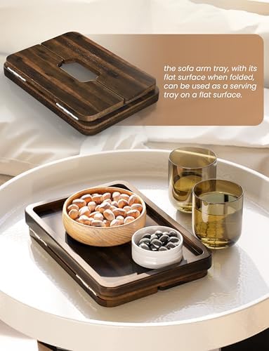 HOLANA 13.75" Acacia Couch Arm Tray with 360° Phone Holder, Walnut Color - Image 4