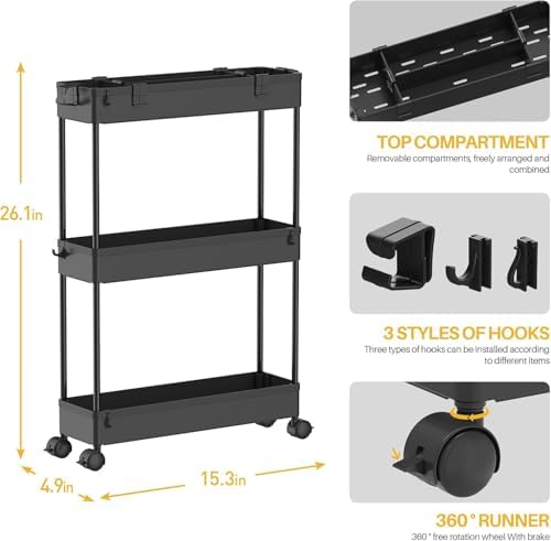 SPACELEAD 2-piece Set Slim Storage Cart 3 Tier,Bathroom Organizer Rolling Utility,Mobile Shelving Unit Slide Out for Office, Kitchen, Laundry Room & Narrow Places - Image 2