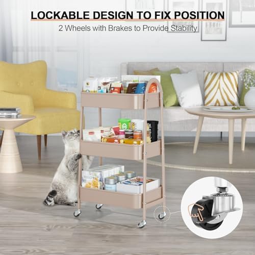 EAGMAK 3 Tier Utility Rolling Cart, Metal Storage Cart with Handle and Lockable Wheels, Multifunctional Storage Organizer Trolley with Mesh Baskets for Kitchen, Living Room, Office, Garage (Beige) - Image 4