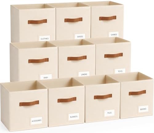 Storage Cubes 10 Pack, 11 Inch Fabric Storage Cubes Organizer Bins with Labels, Odor-Free & Sturdy PP Structure, Cubby Baskets for Closet, Shelves, Toys & Nursery (Beige) by Unknown