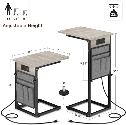 VAGUSICC C Shaped End Table with Charging Station, Adjustable Height Side Table for Couch Recliner, Small Sofa Table with Storage Bag, Slide Under Sofa TV Tray Arm Table for Living Room, Bedroom, Gray - Image 3