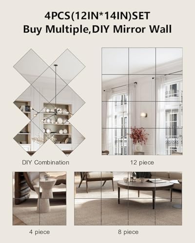 Full Length Wall Mirror Tiles, 12'' x 14'' x 4PCS, Acrylic Unbreakable Full Body Mirror for Bedroom Squares Shatterproof Mirror Sheets Wall Mounted for Home Gym Door - Image 3