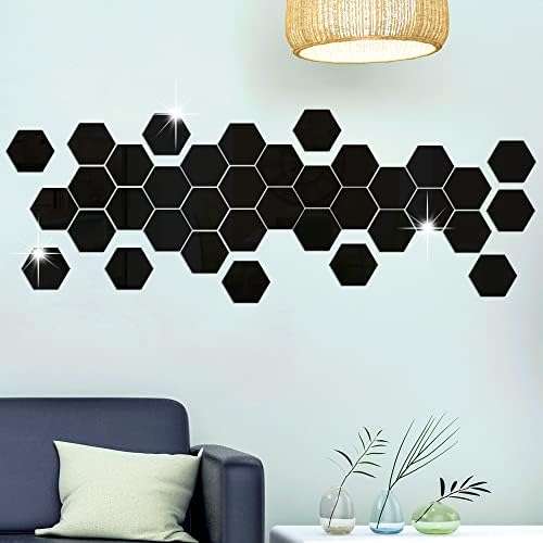 RW-103 36 PCS Acrylic Mirror Wall Stickers Hexagon Mirror Wall Decals DIY Removable 3D Geometric Hexagon Mirror Art Setting Wall Decor for Bedroom Living Room Office Kitchen Home Decoration (Black) - Image 4
